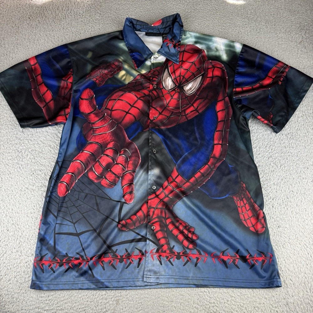Vintage 2002 Spiderman Movie Promo Button Up Shirt Size Xl All Over Print Y2K